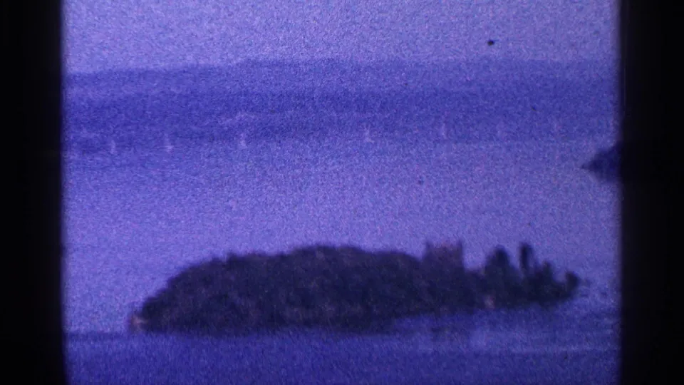 Soft 1964 8mm frame of a wooded island near Niagara Falls, Canada, seen through purple color fading and heavy grain.