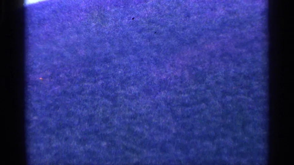 End-of-clip 8mm frame filled with purple-blue grain and indistinct texture, suggesting the reel tail or a transition out of the waterscape.
