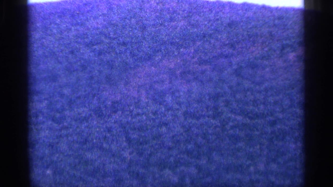 Blue-tinted grainy frame with dark borders and faint horizontal landscape texture.