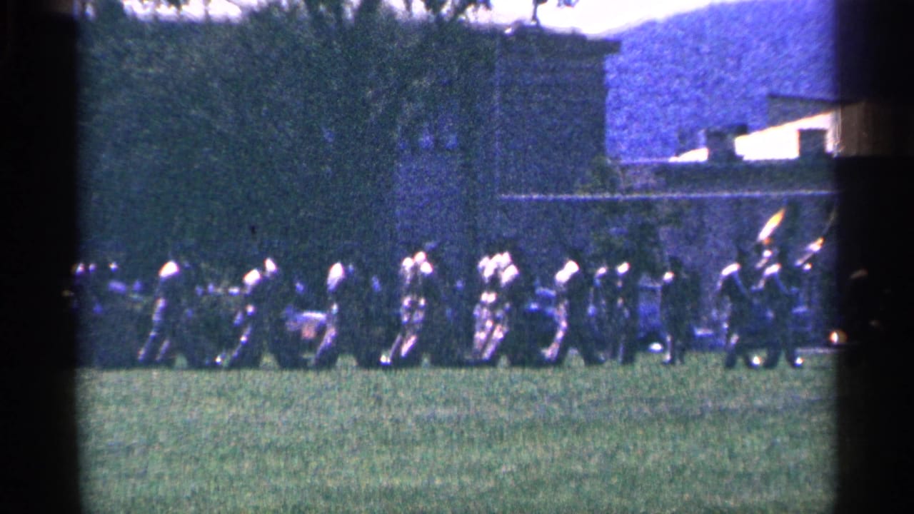 A line of uniformed people moves across grass, with several flags visible near the right side.