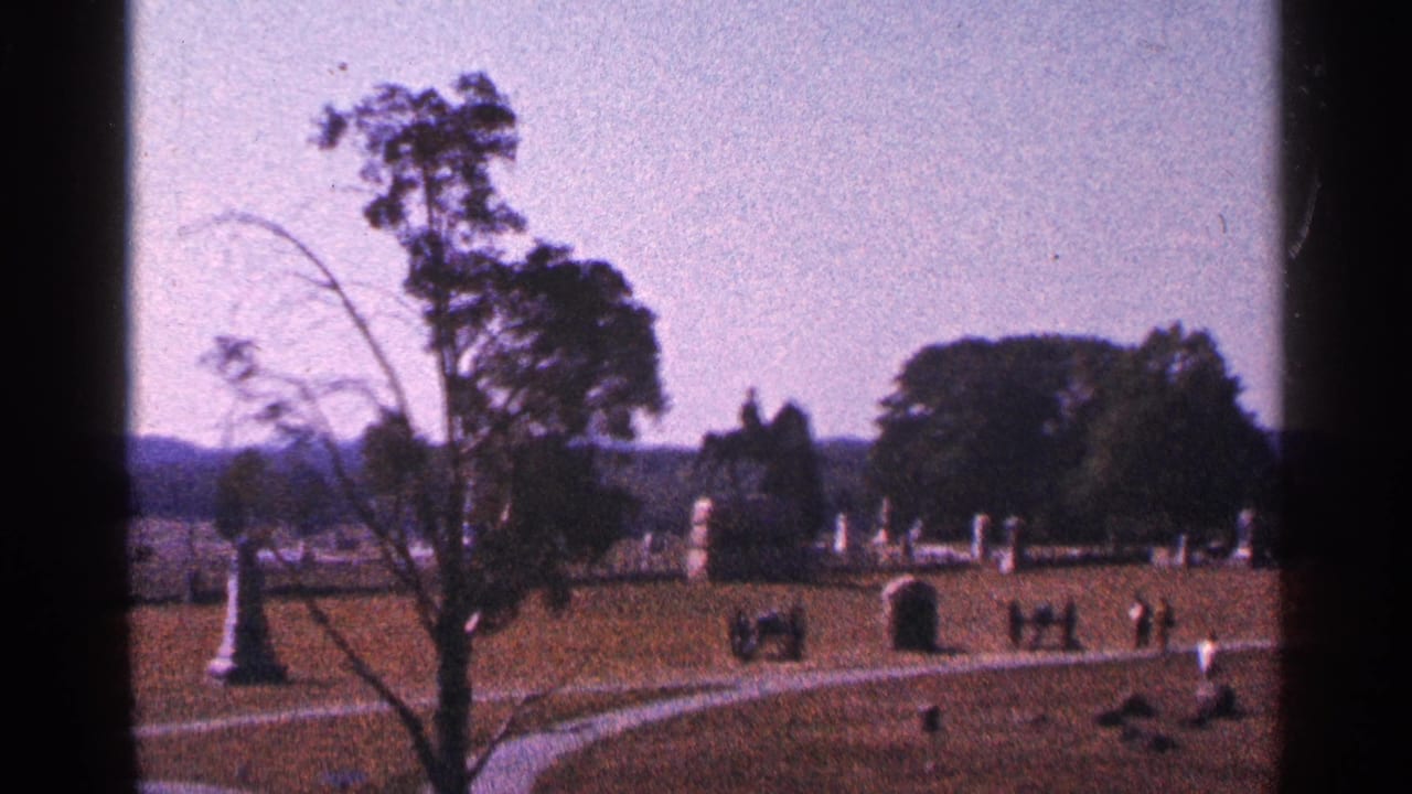 Wide cemetery lawn with trees, headstones, and a monument in the distance.