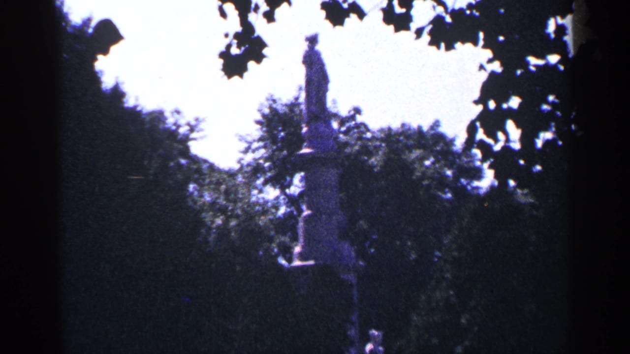 Distant statue and pedestal seen through trees beneath a bright sky.
