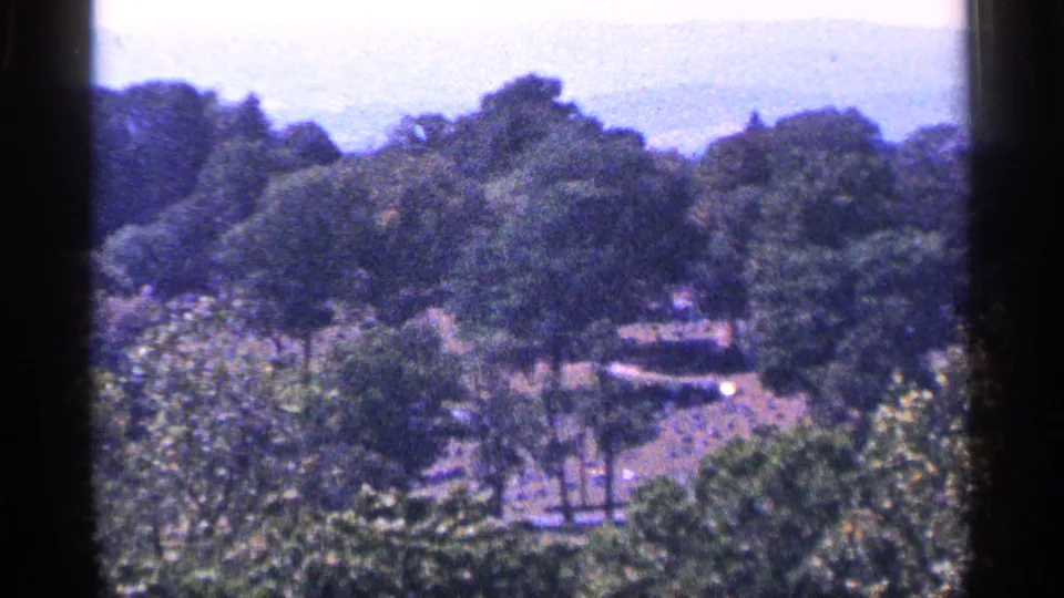 1964 Pennsylvania 8mm frame showing dense trees, a bright clearing, and a possible pond, stream, or path in the lower landscape.