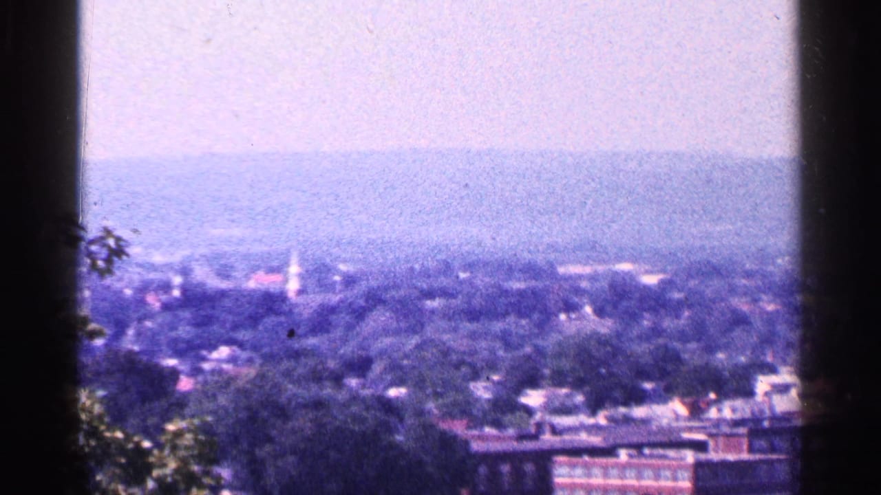 Hazy town view seen from a wooded overlook with dark frame edges.