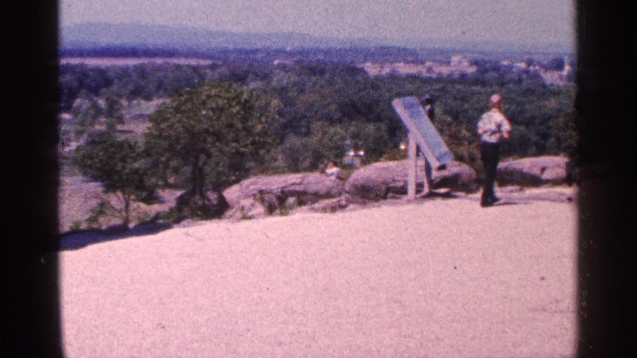 Person stands near rocks and an overlook fixture above a wooded valley.