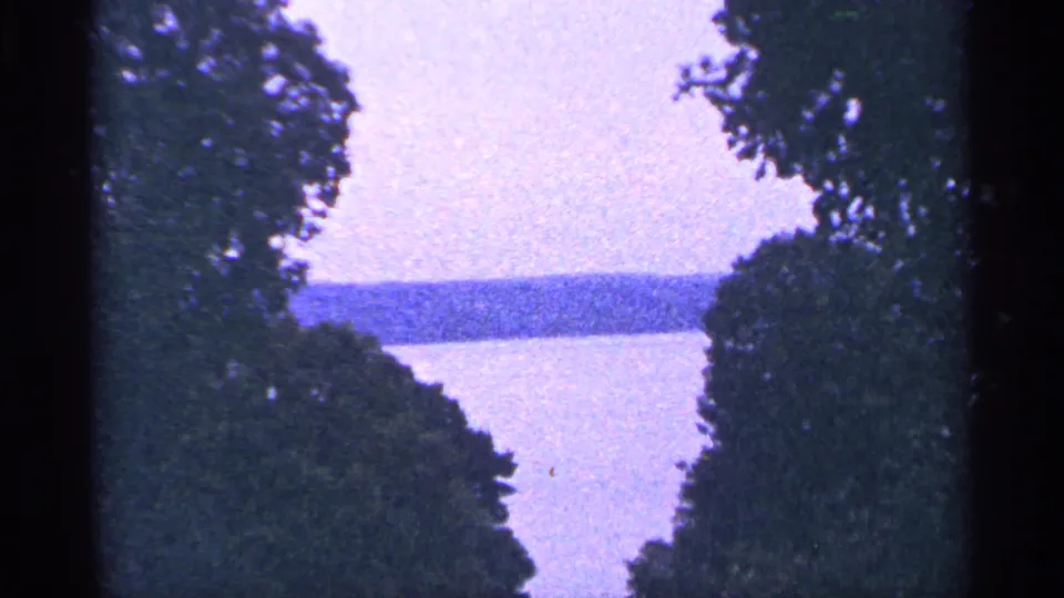 1964 Washington, DC 8mm view of a lake through trees, with a dark shoreline across the water.