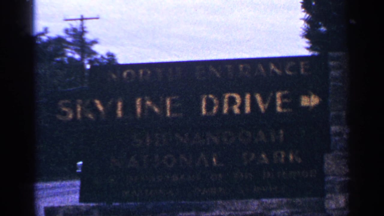 Dark Skyline Drive north entrance sign beside a road with trees and a utility pole behind it.