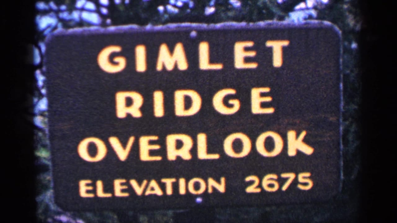 1964 8mm frame of a dark Gimlet Ridge Overlook sign with yellow lettering under trees.