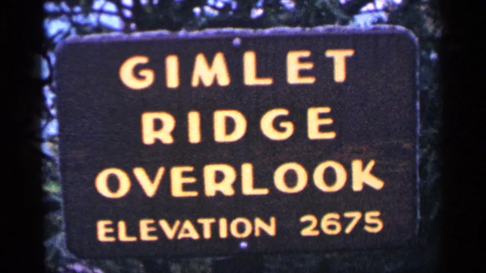1964 8mm frame of a dark Gimlet Ridge Overlook sign with yellow lettering under trees.