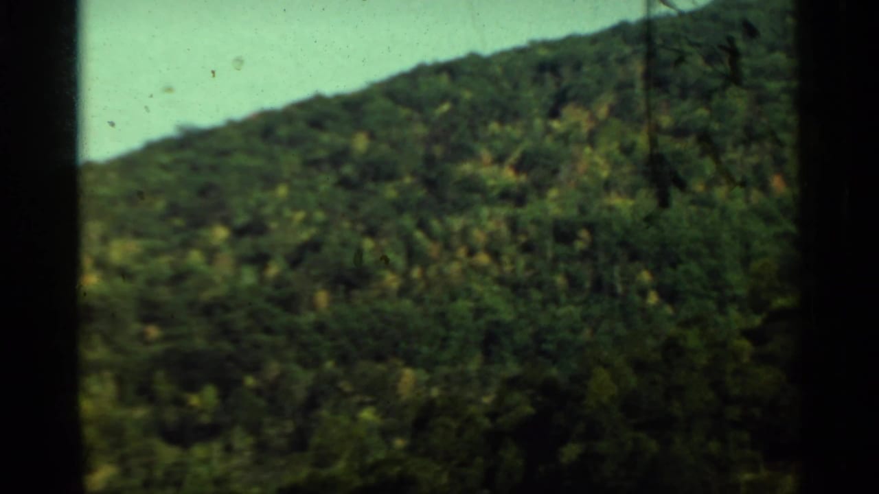 Forested mountain ridge under pale sky with dark film borders.