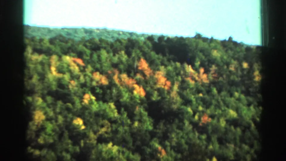 Archival 8mm view of rolling West Virginia forest, showing scattered autumn color and a dark vertical edge from the film frame.