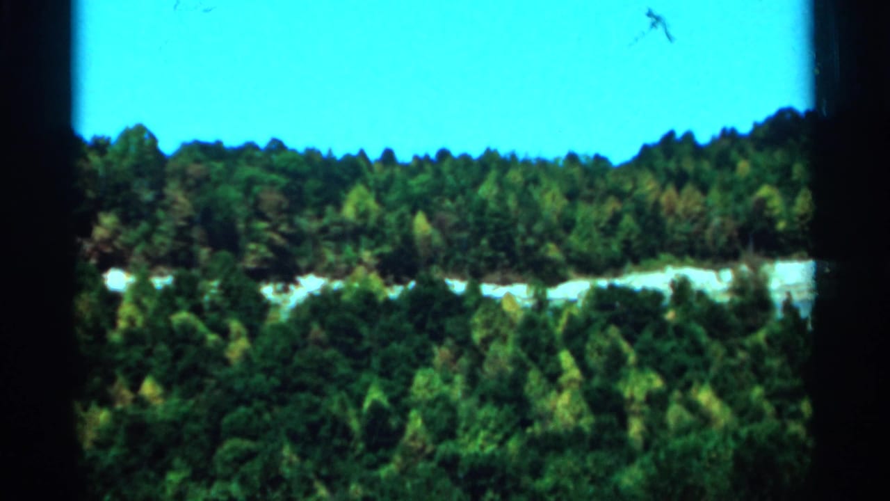 Green wooded hillside under a bright blue sky with dark 8mm frame edges.