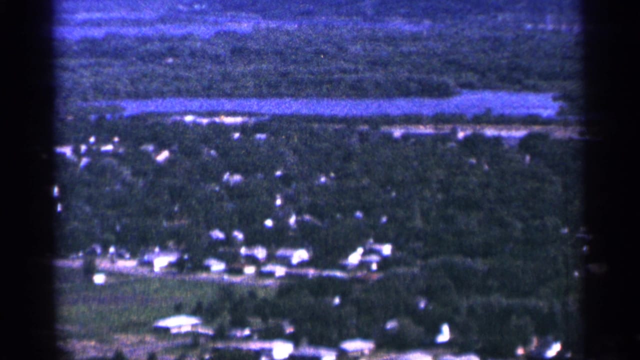 Aerial view across trees and small buildings with a long body of water in the background.