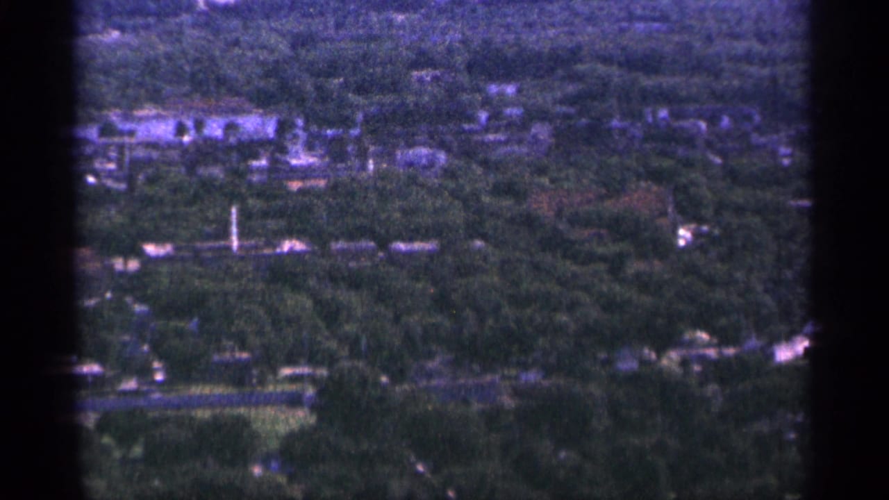 Wide elevated view of a wooded town with houses, roads, and distant buildings.