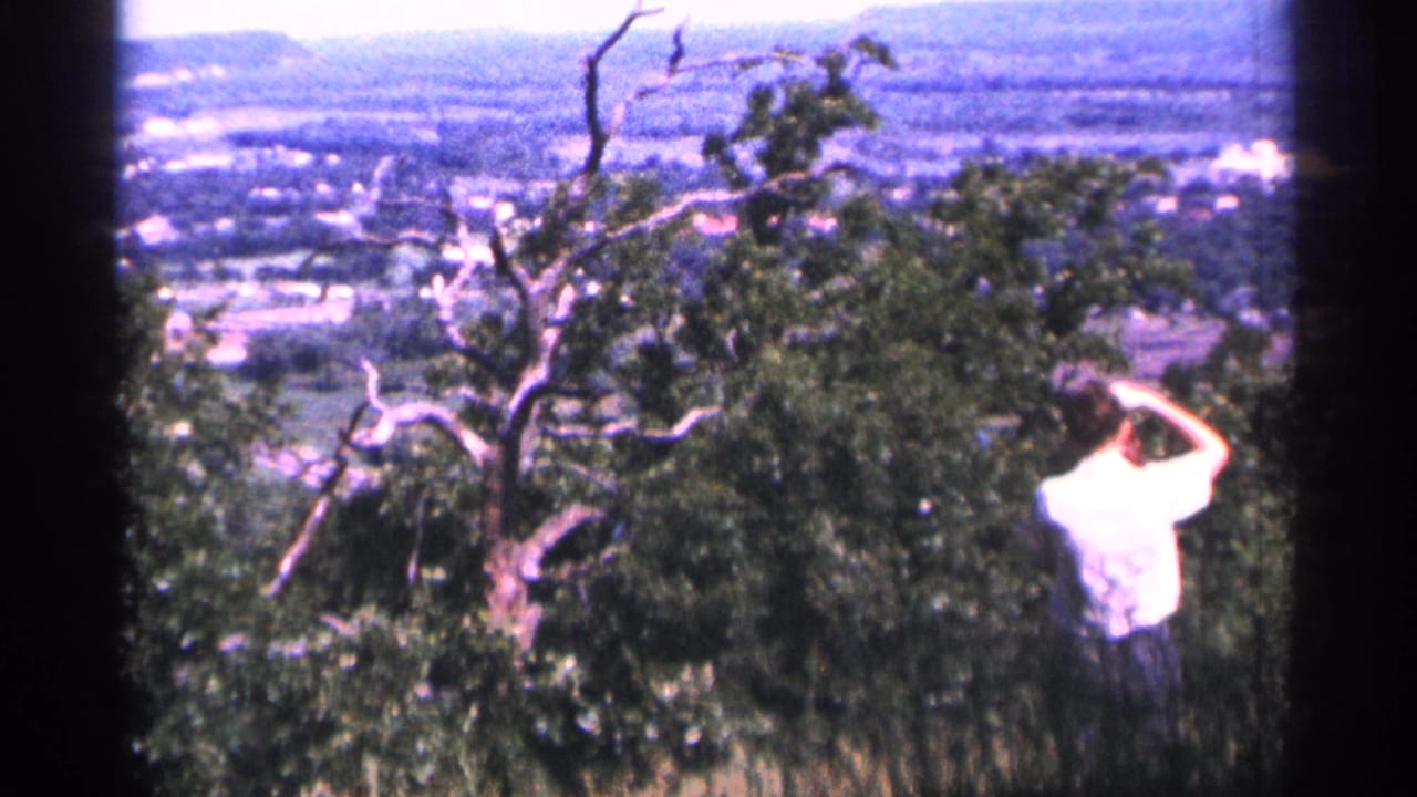 Man in a light shirt stands on a grassy hillside near leafy trees with a distant landscape beyond.