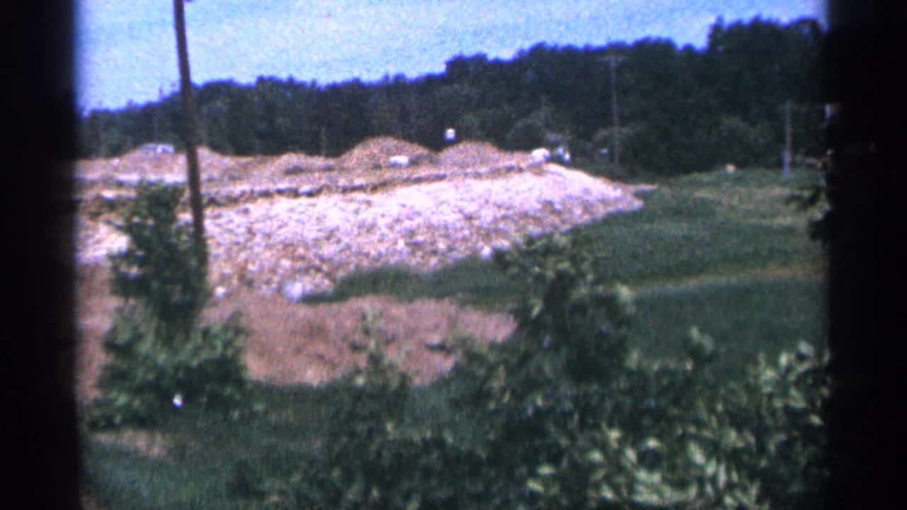 Grassy field with trees, utility poles, and pale rock fill beyond.