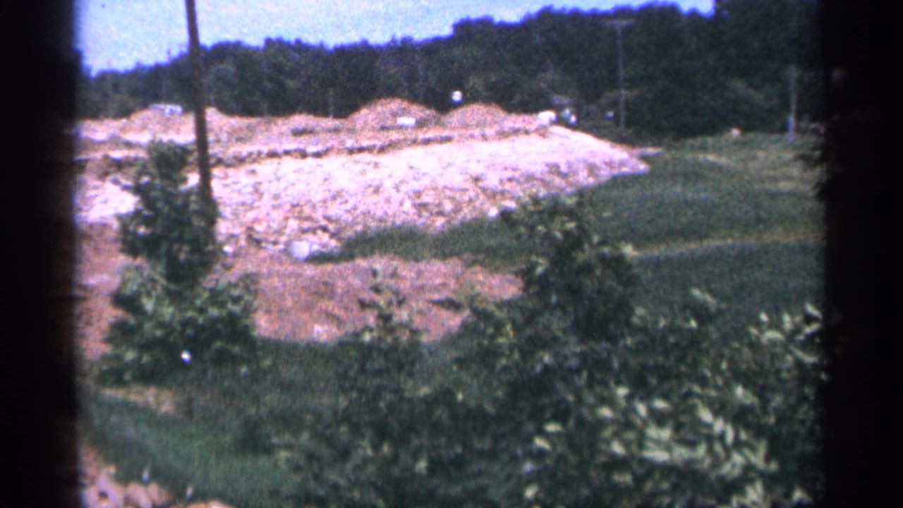 Rocky embankment with grass, shrubs, utility poles, and wooded background.