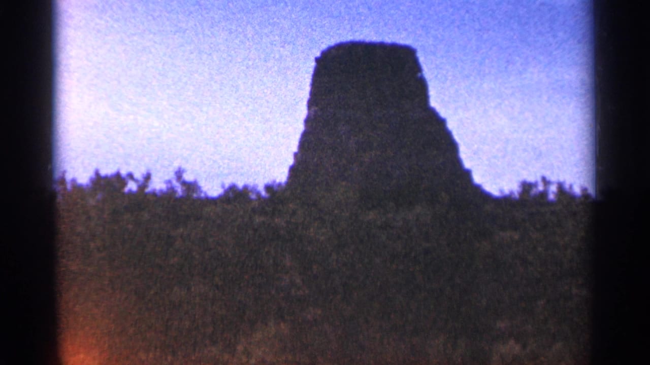 A dark tower-like silhouette stands beyond low grass in the 1965 Minnesota home-movie footage, framed with soft focus and grain.