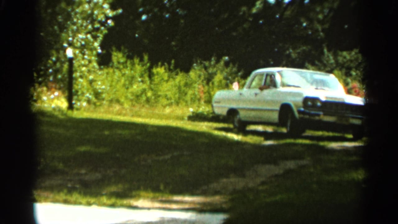 White sedan seen from the front right near grass, trees, and a driveway.