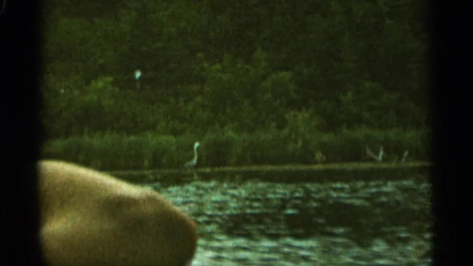 1965 Duluth-area home-movie frame showing rippling water, distant trees, dark window edges, and a partial human limb near the left edge.