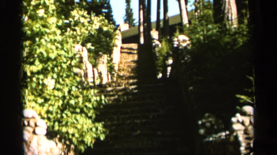 A stone stairway rises through bright shrubs and evergreens toward a partially hidden hillside structure in 1965 Duluth footage.