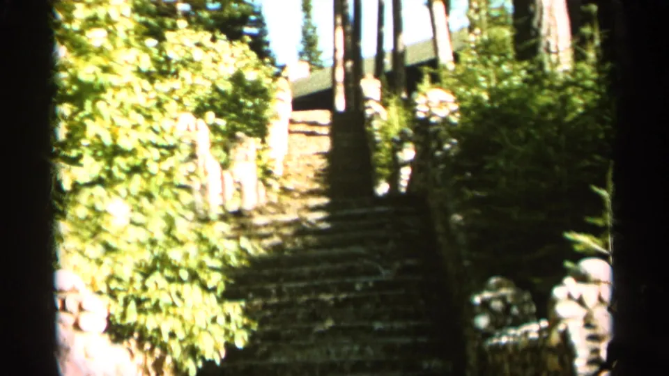 The final frame shows sunlit hillside steps, dense vegetation, and part of a house or roofline partly obscured by trees.