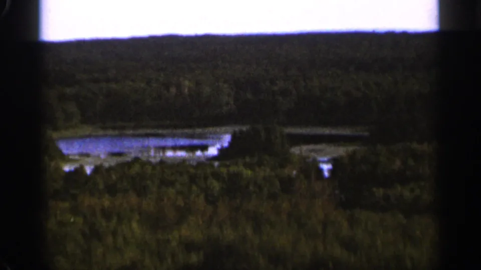 1965 Duluth-area home-movie frame showing a lake partly hidden by trees, with handheld framing and visible film edge.