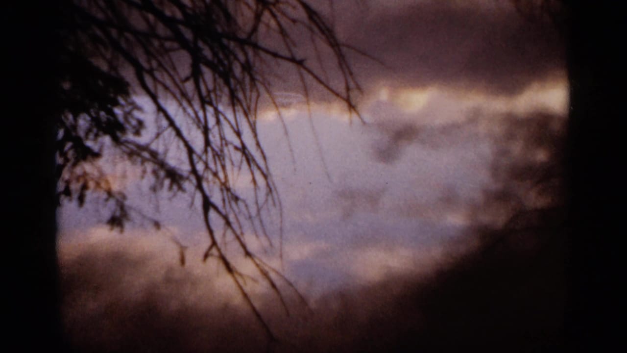1965 Duluth home-movie frame showing silhouetted branches over a moody clouded sky before a storm flash.