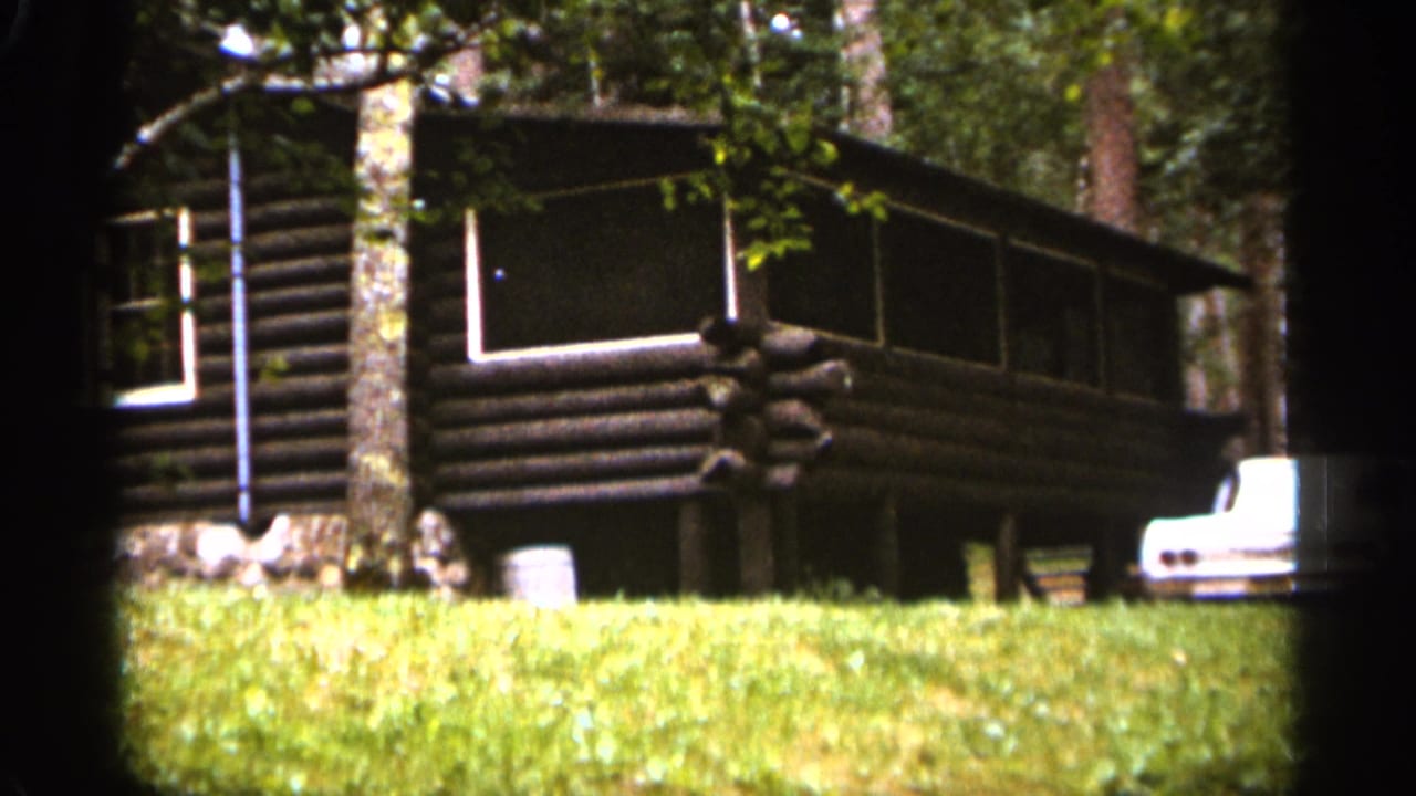 1965 Duluth-area frame of a rustic log cabin with a screened porch, dark siding, nearby tree trunks, grass, and the rear portion of a white car at the right edge.