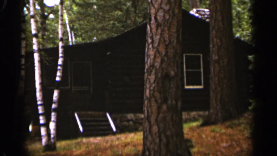 1965 Duluth-area home-movie frame showing the shaded side of a dark log cabin, a small window, porch steps, birch trunks, pine trunks, and wooded ground cover.
