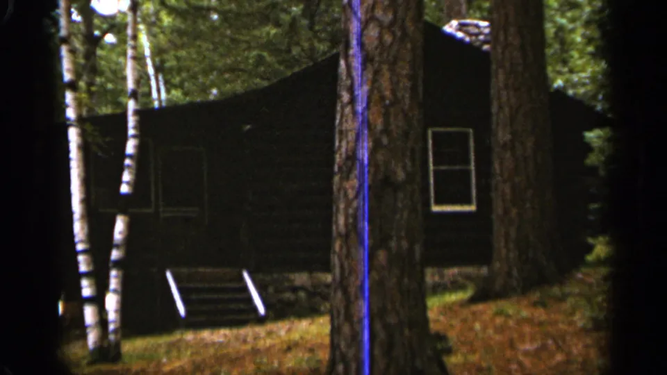 1965 Duluth-area frame of a dark log cabin in dense woods, with a small window, steps, stone base, birch trunks, and a large pine trunk partly blocking the view.