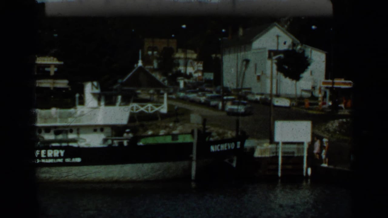 Moored ferry beside a dock with waterfront buildings and parked cars in the background.