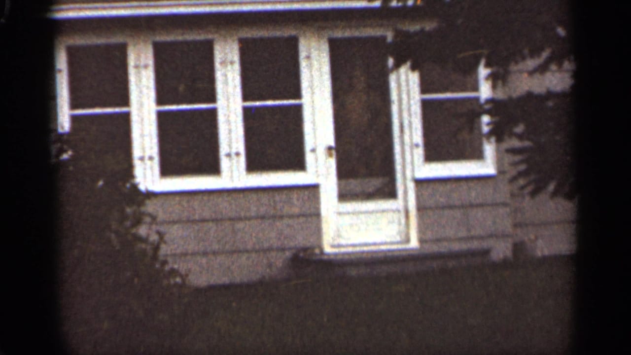 Slightly shifted view of the same house front with windows, door, siding, and tree shadows.