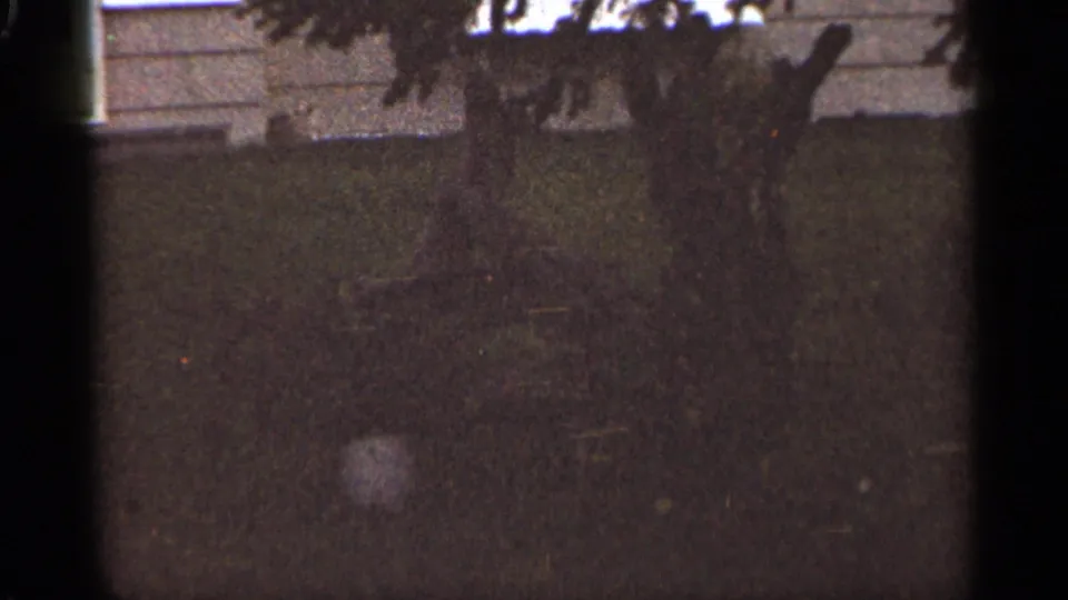Final 1965 Duluth frame shifts down into a dark yard, with tree silhouettes, lawn, and a partial house edge visible above.