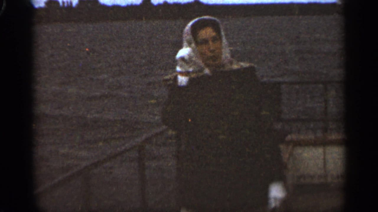 Woman in headscarf stands beside a railing with dark water in the background.
