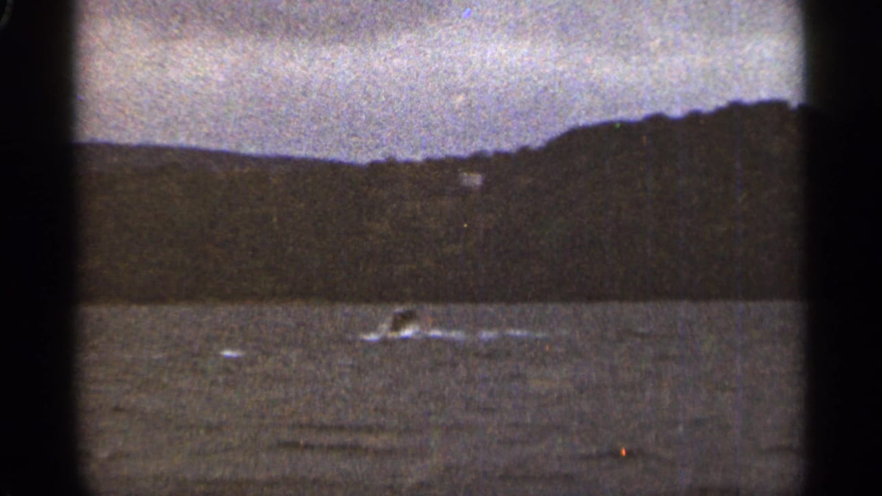 Small boat crossing a lake near a dark wooded shoreline.