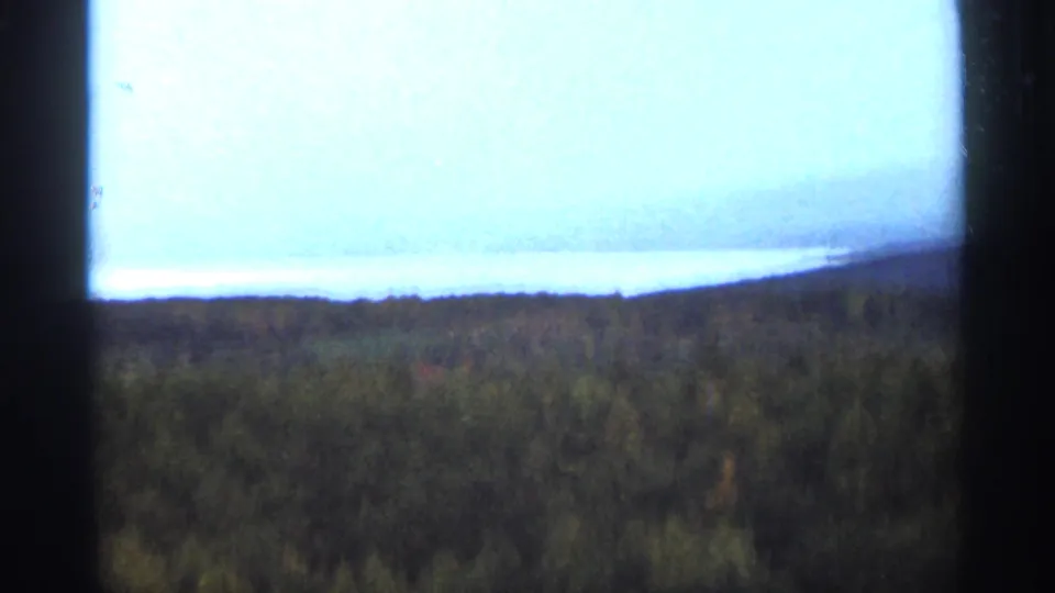 A soft 1965 Duluth landscape frame with water, low distant hills, pale sky, and dark grassy or wooded foreground.