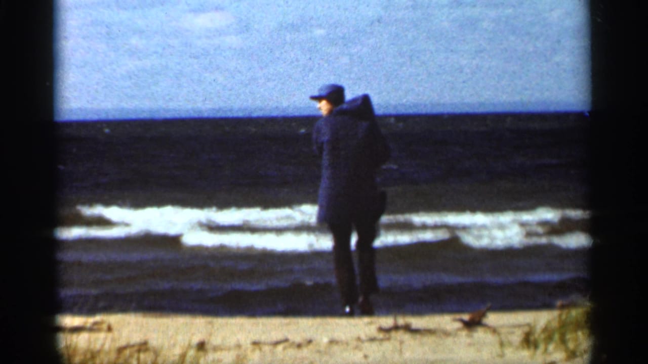 Man in a dark hooded coat standing on a sandy beach beside rolling waves.