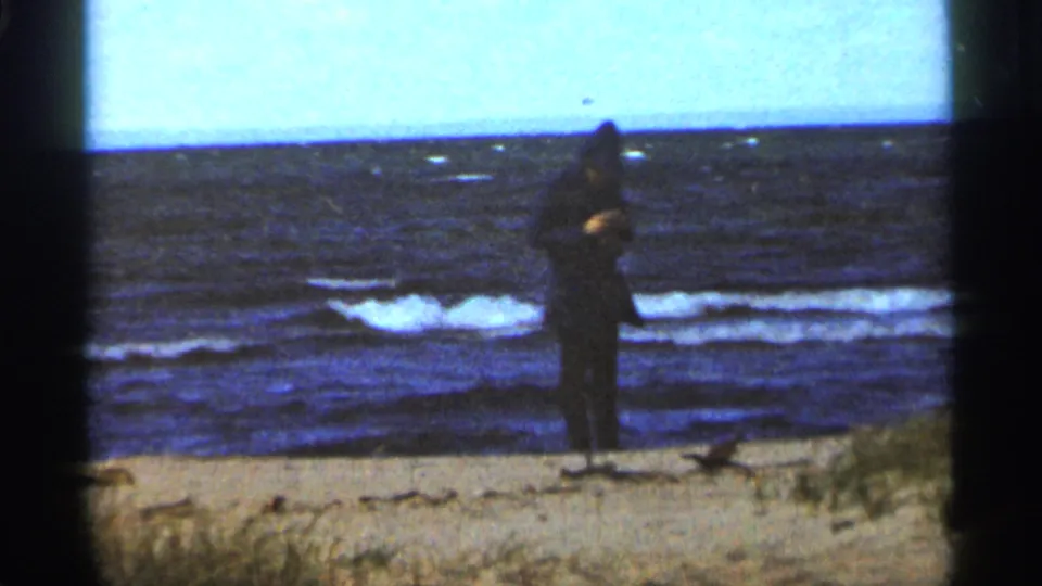 A man stands with his back to the camera on the Duluth shoreline in 1965, looking out toward rough water under a pale sky.