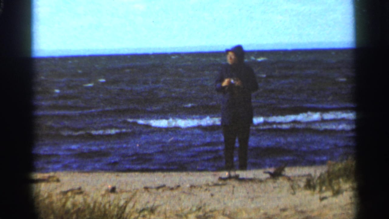 Person in a dark coat standing on a sandy beach beside rough lake water.