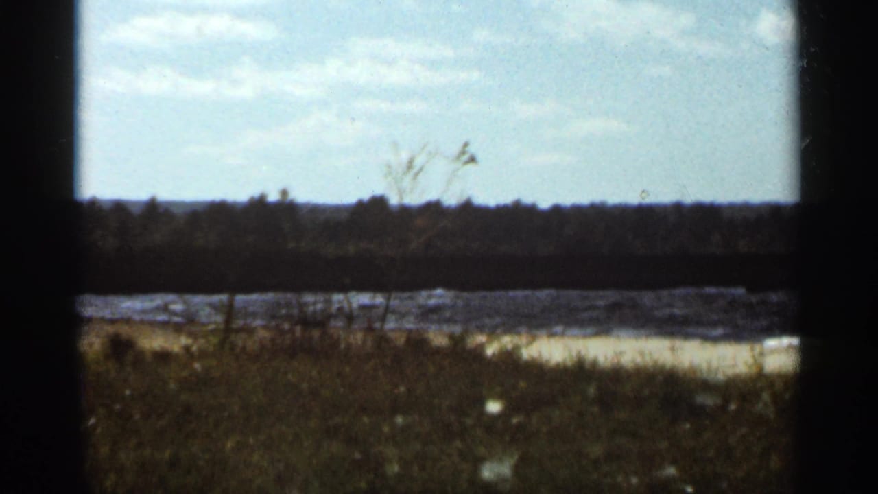 1965 8mm home-movie frame of a windy shoreline near Duluth, Minnesota, with long grass in the foreground, choppy water, a distant treeline, and pale cloudy sky.