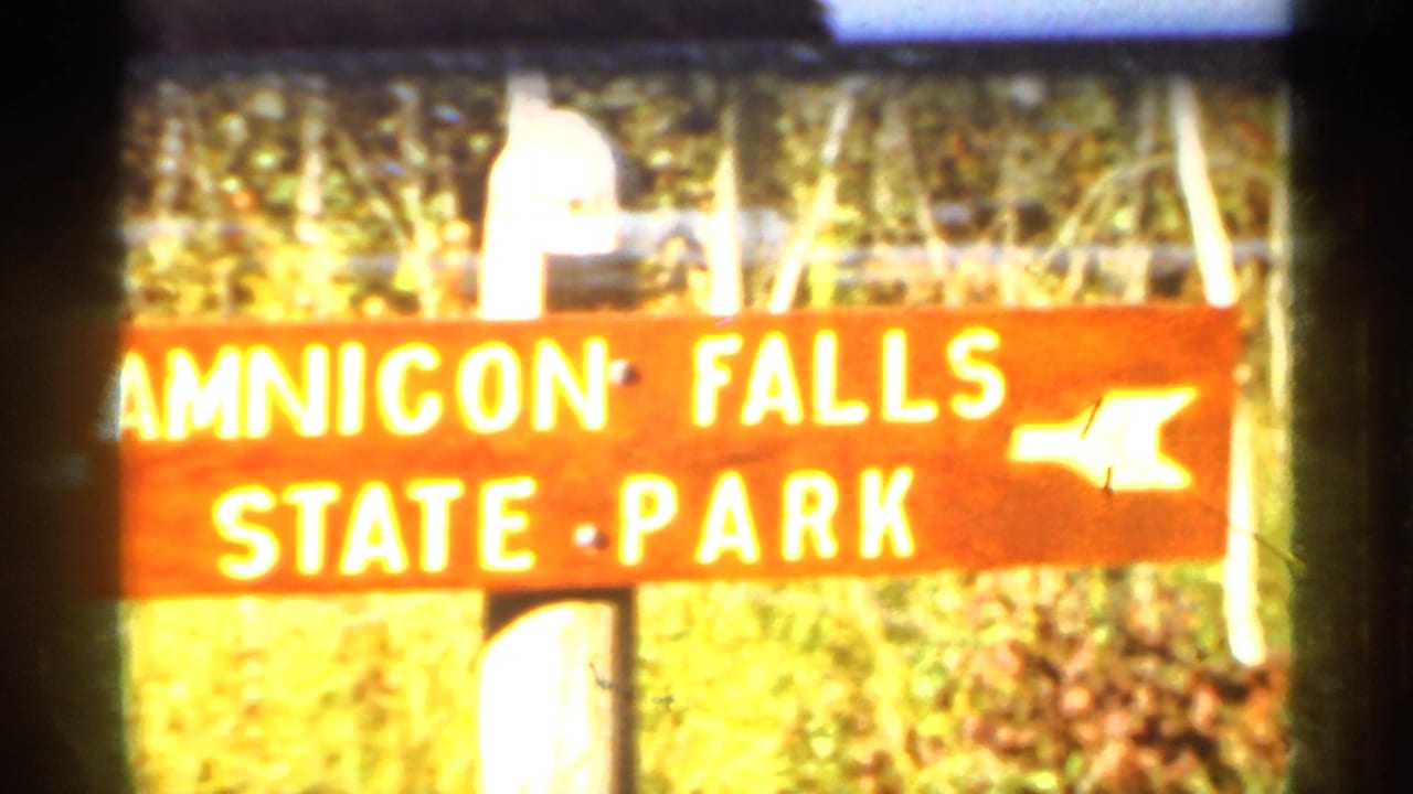 Wooden Amnicon Falls State Park sign partly filling the frame with brush behind it.