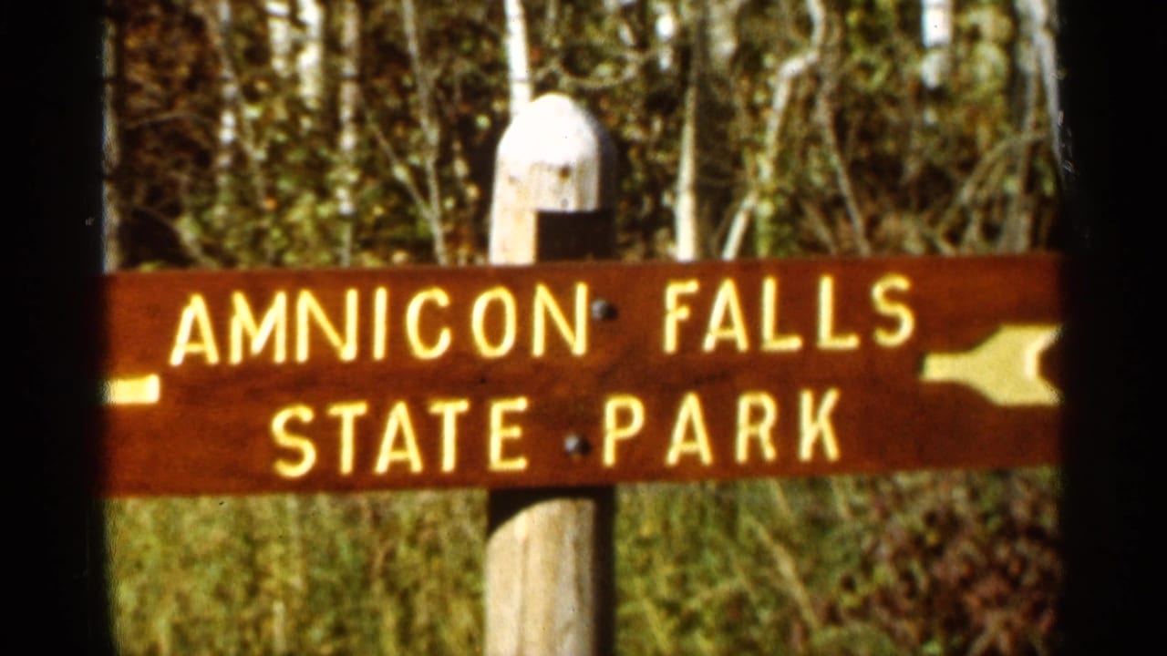 Second view of the Amnicon Falls State Park sign in wooded surroundings.