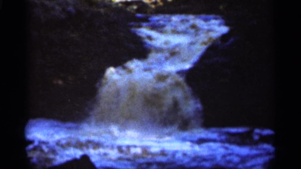 Cascade falling into a bright foamy pool between dark banks.