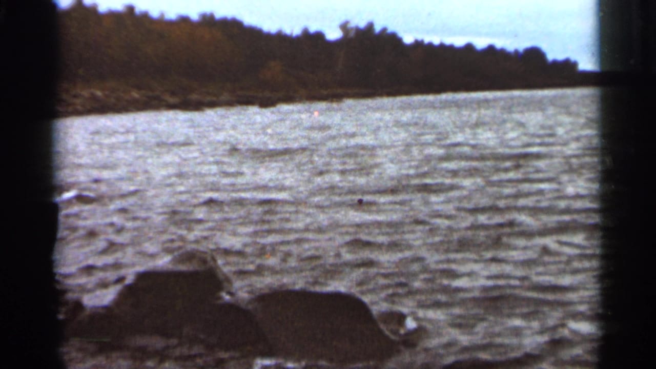 Wide water surface with forested shore and rocks visible along the lower edge.