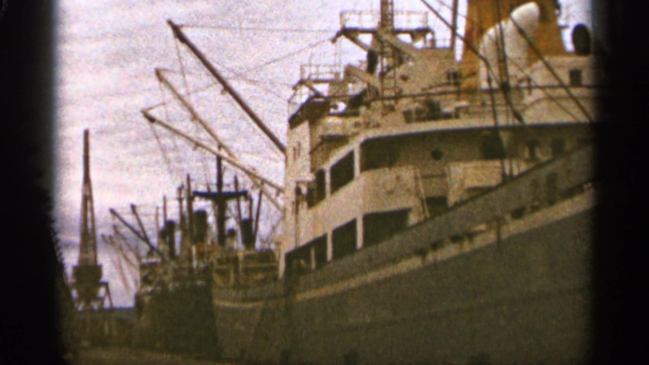 Large ship hull and deck structures beside dockside cranes.