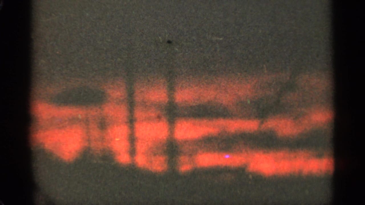 Red sunset bands behind dark clouds and a low tree silhouette on grainy film.
