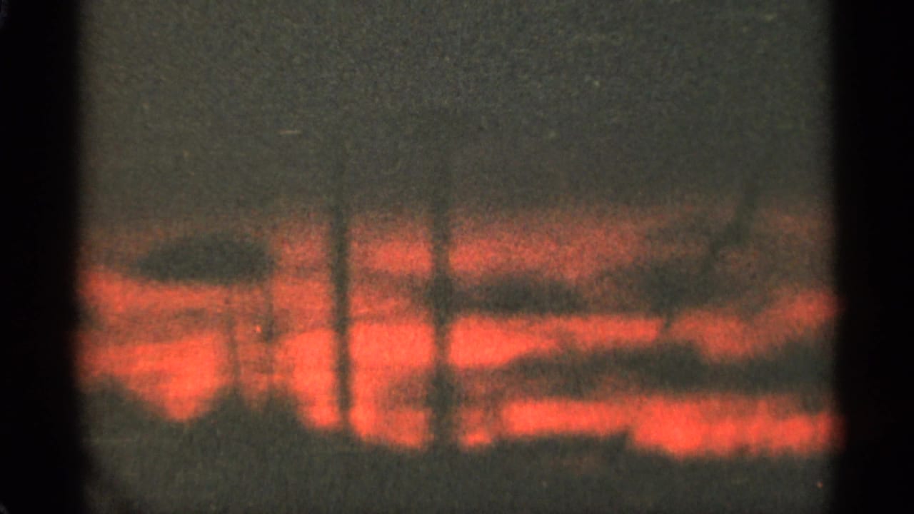 Blurred red sunset glow with dark clouds above a low tree line.
