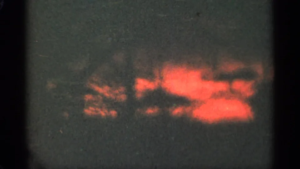 1965 Duluth 8mm frame showing silhouetted tree forms crossing a vivid red-orange sunset against a muted sky.