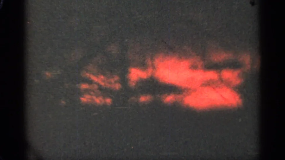 1965 Duluth 8mm frame with saturated red-orange dusk light broken by dark tree silhouettes and heavy film grain.